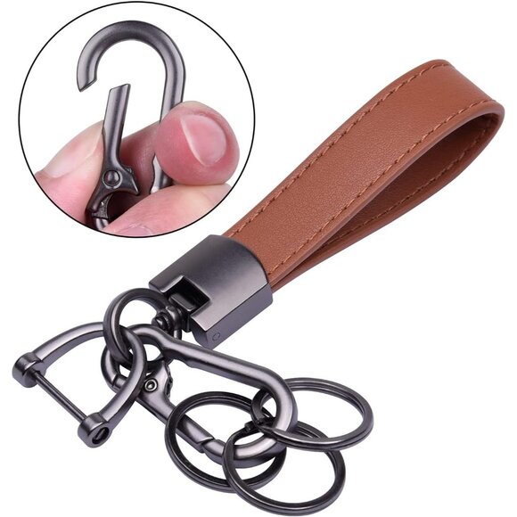 🆕 Men Brown Genuine Leather Car Keychain Universal Fob Holder Anti-Lost D-Ring - Picture 5 of 6